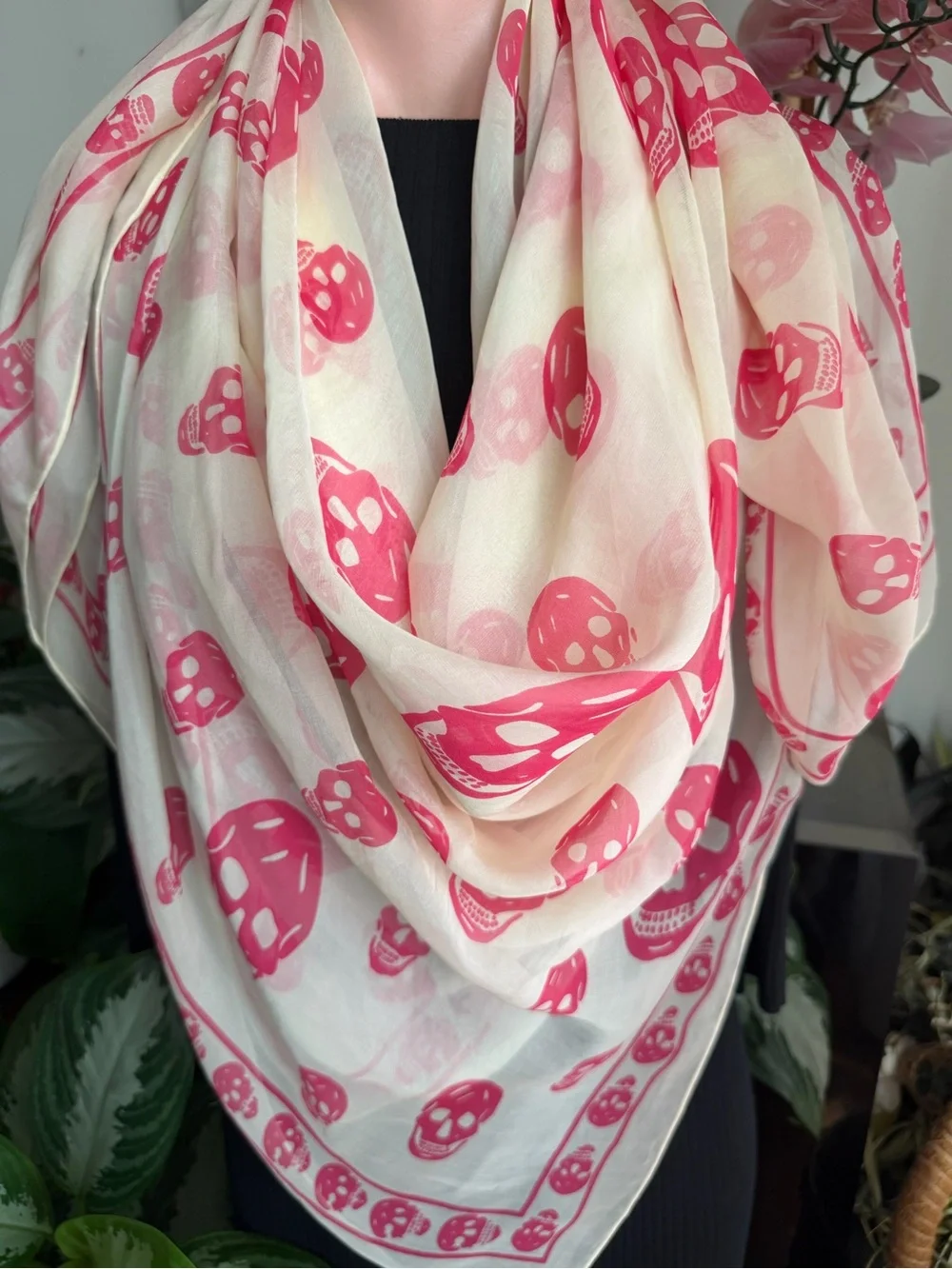 Alexander McQueen Sheer Pink Skull Print Wrap Silk Scarf.